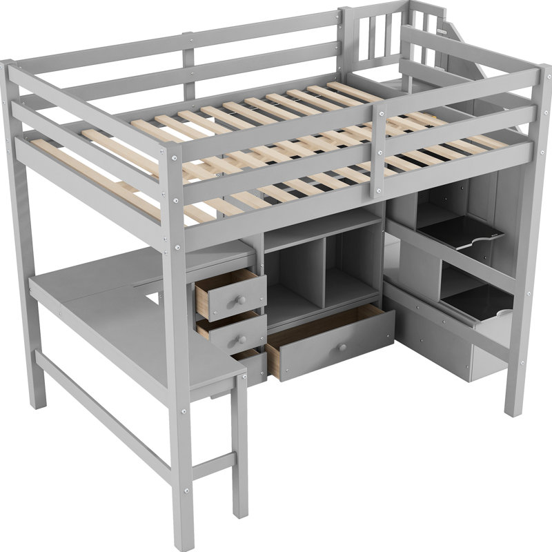 Lit mezzanine double avec bureau en L, tiroirs, armoire et escalier de rangement gris, Gris