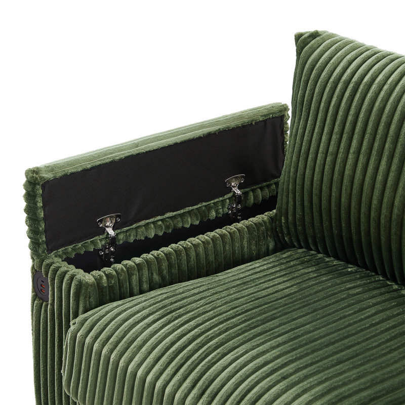 Canapé 4 places en velours côtelé avec ports USB, bras de rangement dissimulés et porte-gobelets à couvercle rabattable, Vert