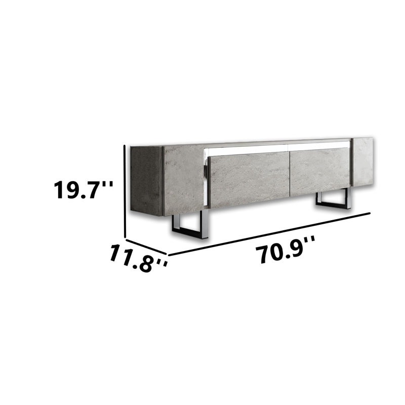 Metal Sled Base Legs Unique TV Stand For Tvs Up To 78'' With Reflective Stripe, Travertine/Silver
