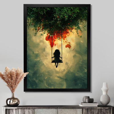 Green Red World Map Playground Silhouette - World Map Wall Art Print