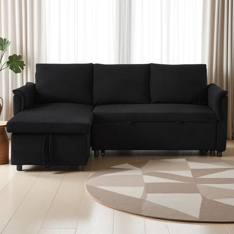 Canapé avec méridienne convertible modulaire en L, Velours côtelé noir