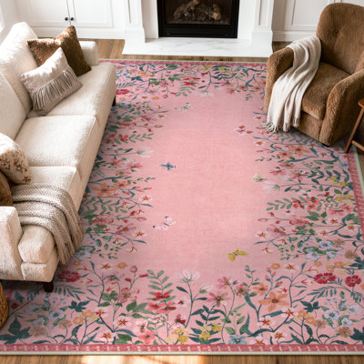     Floral Vintage Washable Pink 8X10 Area Rug with Non Slip Backing - Low Pile Durable Carpet for Living Room, Bedroom, Dining Room or Office Decor