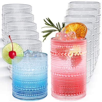 Vintage Hobnail Drinking Glasses,12 Oz Highball Glasses & 10 Oz Cocktail Glasses, Embossed Glass Cups,Set Of 12 (Clear)