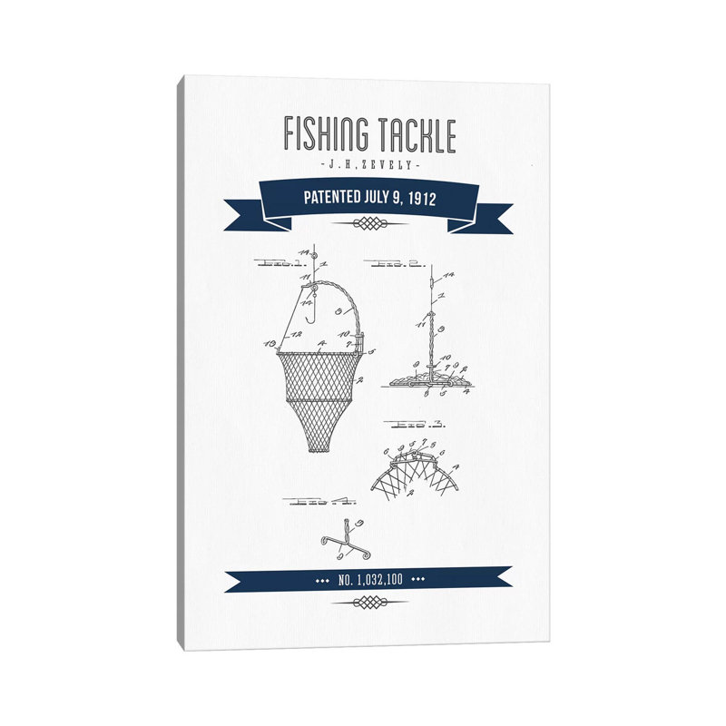 J.H. Zevely Fishing Tackle Patent Sketch Retro (Navy Blue) by Aged Pixel - Wrapped Canvas Gallery-Wrapped Canvas Giclée