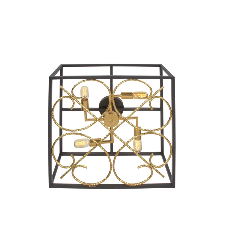 Scroll 4 - Light 14" Caged Square / Rectangle Flush Mount, Flat Black/Antique French Gold, 9.5" H x 24" W x 24" D