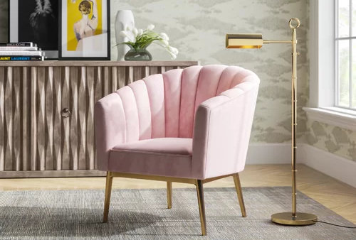 pale pink velvet accent chair with gold legs