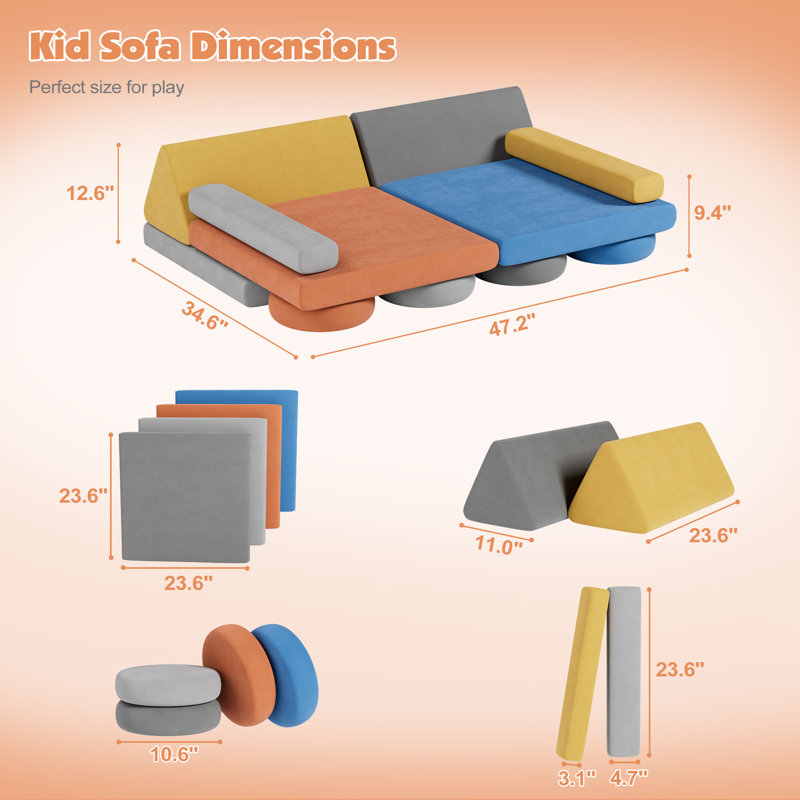 Bentura Kids Couch Sofa, 12 Pcs Velvet Modular Toddler Couch, Freely Removable Kids Chair Sofa for Playing, Creativity, Sleeping, Versatile Fold Out Baby Play Couch Set for Playroom, Bedroom Furniture