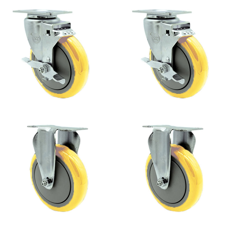 Ensemble de roulettes 5 pouces en polyuréthane pivotant 5 plaques 2 freins 2 rigides SCC, Jaune
