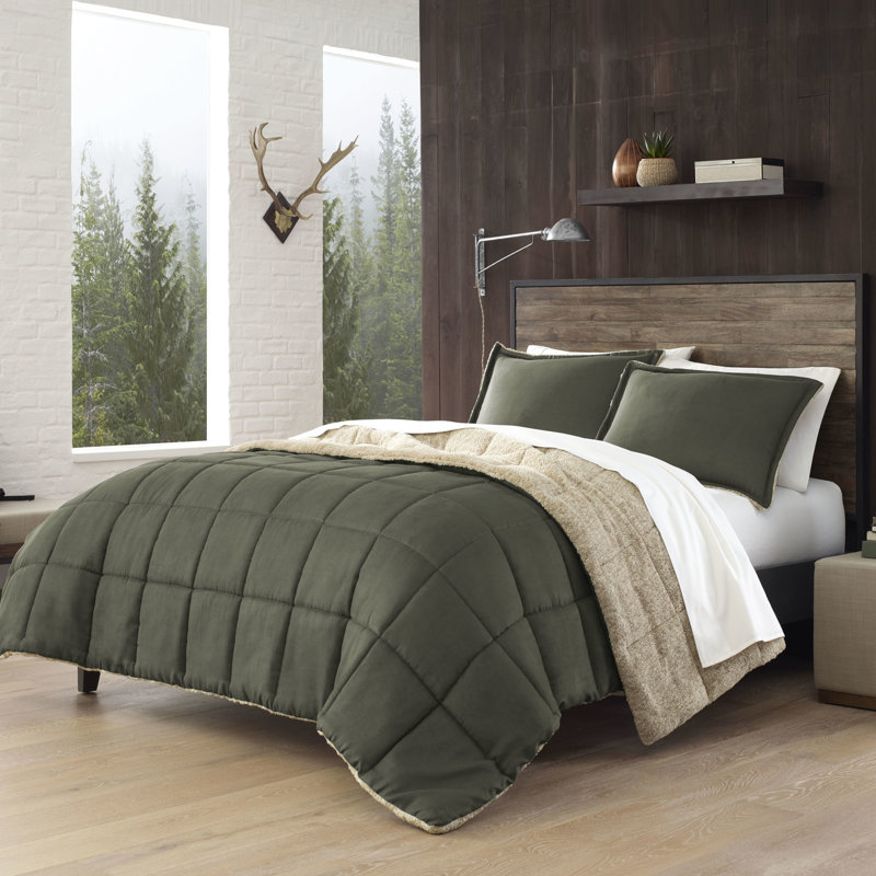 Alpine Eddie Bauer Reversible Microsuede Comforter Set, Green, Twin Comforter + 1 Sham