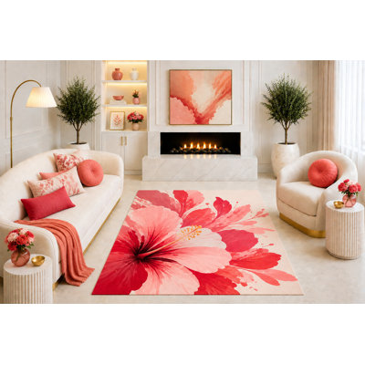 Tapis d'hibiscus rose 5 pi x 7 pi «Ultra Léger», motif de fleurs tropicales à l'aquarelle pour le salon, la salle à manger et le revers en silicone antidérapant