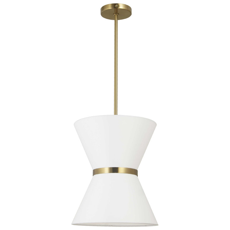 Luminaire suspendu incandescent 1 lumière noir mat avec anneau doré et abat-jour doré, Blanc, Laiton vieilli
