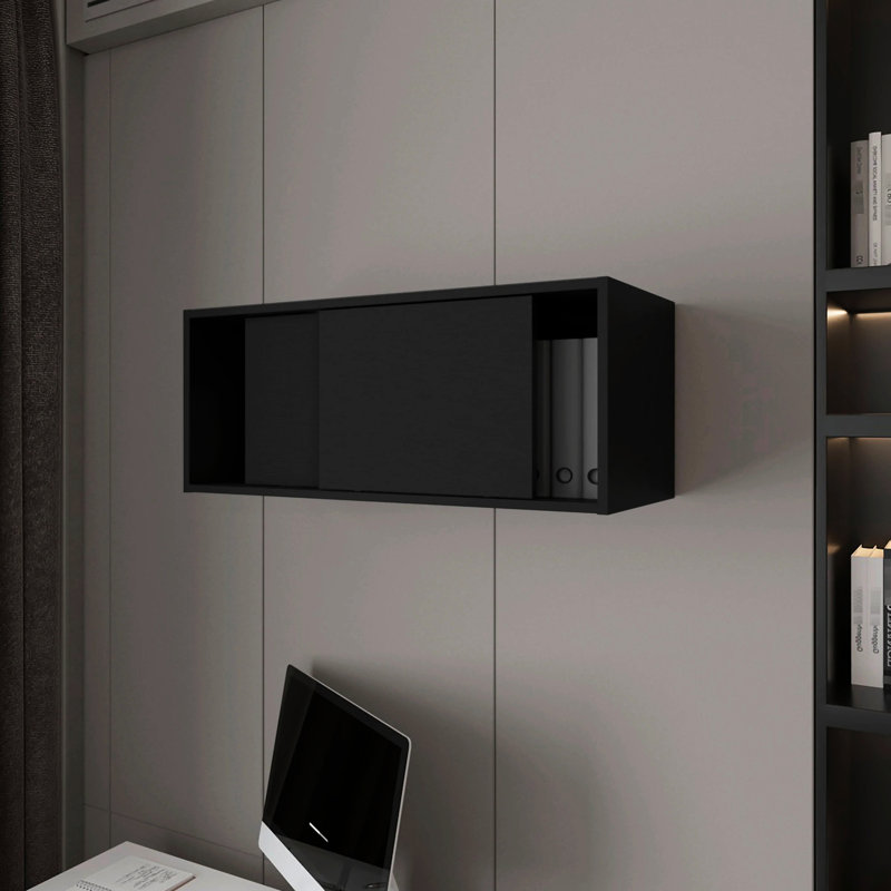 Sleek Black Storage Cabinet With Sliding Door, Optimizes Office Utilization Floating Document Space