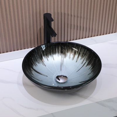16"L x 16"W Tempered Glass Bathroom Sink Circle Bathroom Vessel Sink with Pop-up Drain