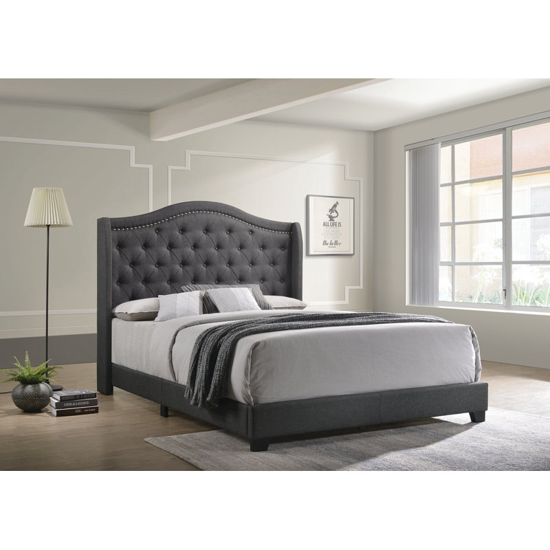 Aquira Upholstered Full Wingback Bed Grey, Full, Gray