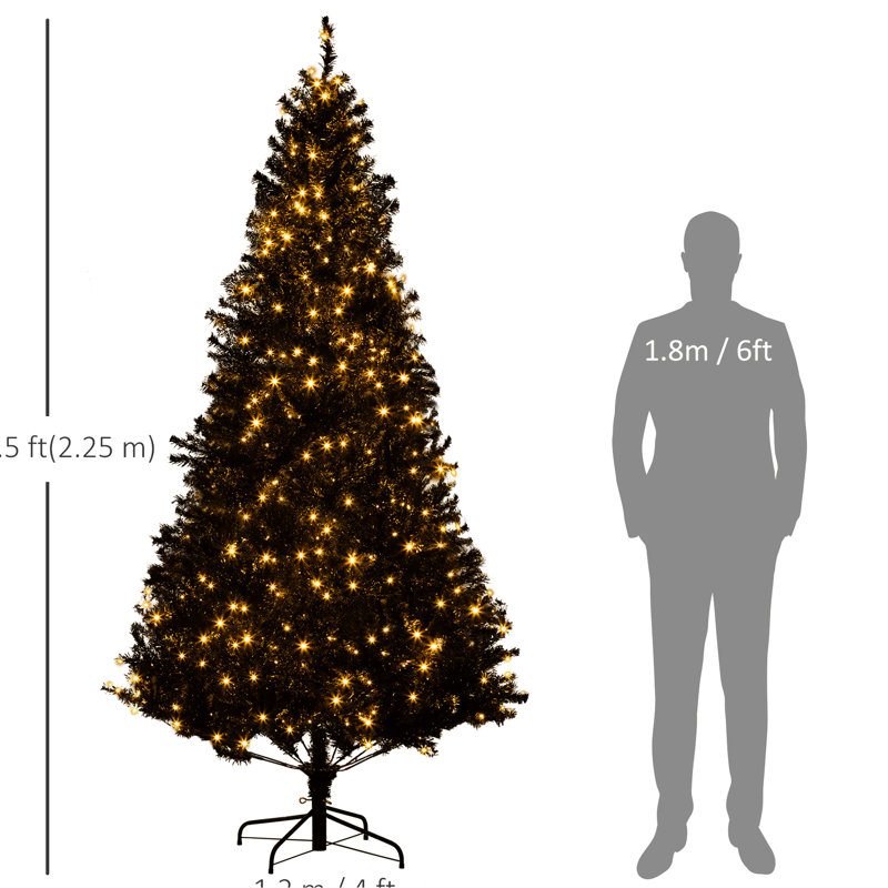 Arbre artificiel de 7,5 pieds de haut avec 500, 1346 extrémités de branches, aspect noir de Noël et motif