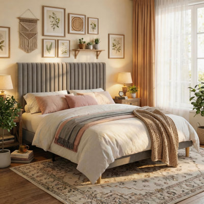 Full Size Velvet Upholstered Platform Bed Frame with Adjustable Headboard, No Box Spring Required, Easy Assembly, Grey