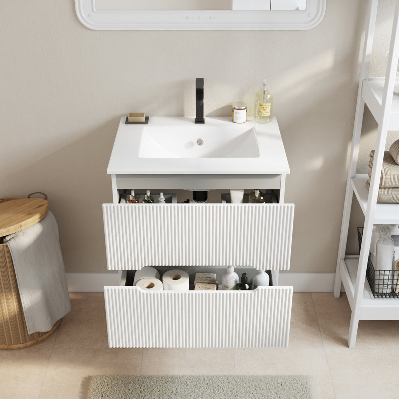 Meuble-lavabo simple mural 24 po avec lavabo et robinet en céramique, armoire flottante avec 2 tiroirs à fermeture en douceur