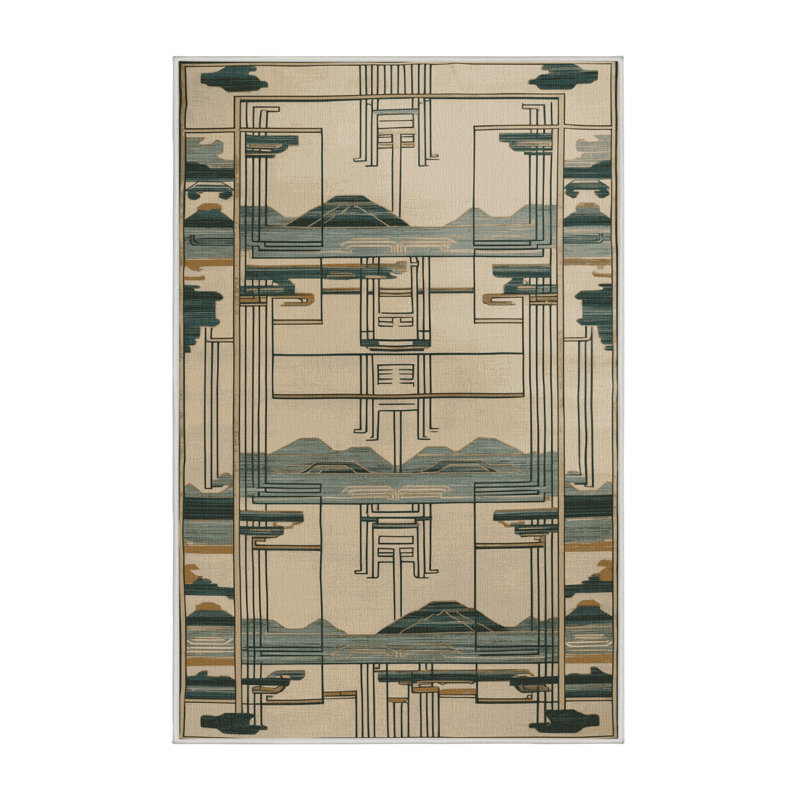 Tapis beige Art Deco lavable à la machine, Rectangulaire 8 pi x 12 pi