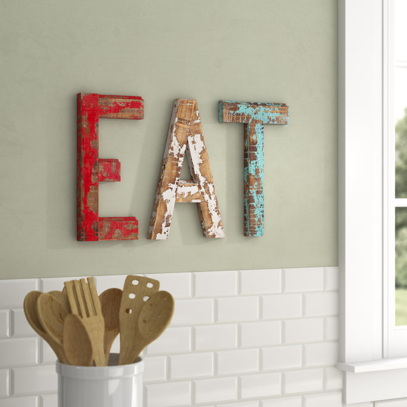 Décoration murale en bois massif patiné «EAT»