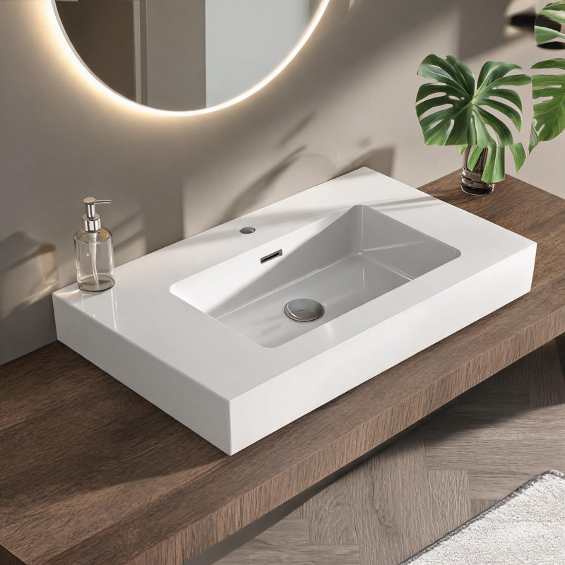 Lavabo de salle de bain intégré en surface solide blanche de 76 cm (30 pouces) avec trop-plein