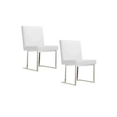     Pangea Home Dexter Modern Upholstered Faux/Vegan Leather Dining Side Chair (Set of 2) – Upholstered Dining Chairs with Steel Legs, Contemporary Kitchen & Dining Room Seating - White with Silver Legs