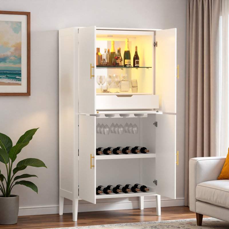 Modern Fluted Wine Cabinet With Glass Display, Stemware Rack, Drawer, Adjustable Shelves And Built-in Led Lighting, White