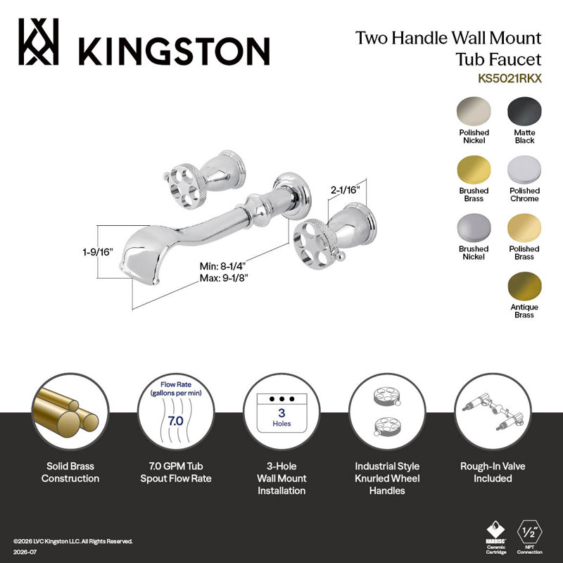 Kingston Brass Webb Two-Handle 3-Hole Wall Mount Roman Tub Faucet with Knurled Handle, Polished Chrome