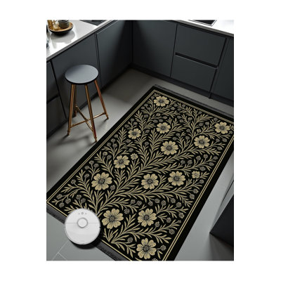 Tapis noir tissé à motif floral lavable Mosso