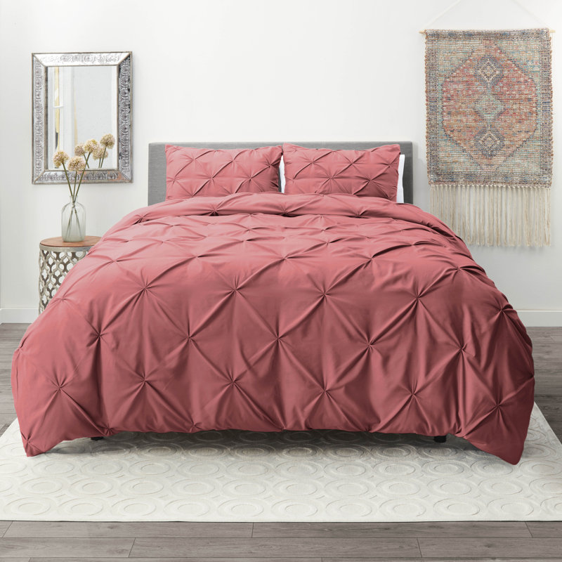 Ensemble de housse de couette plissÃ©e en tissu doublement brossÃ©, Housse de couette grand et 2 taies décoratives, Mauve