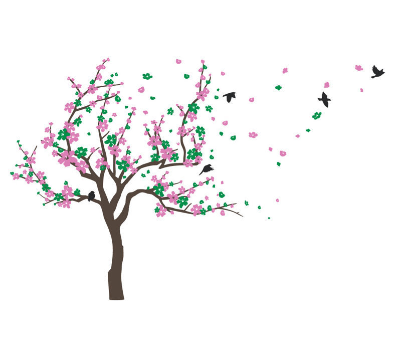Adhésif décoratif cerisier japonais, Vert et rose, H 38 x l 59 po x P 0,01 po