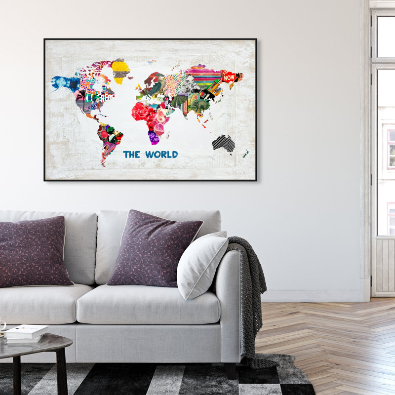 Hipster Mapa Mundi - impression sur toile tendue, H 30 po x l 20 po, Cadre noir