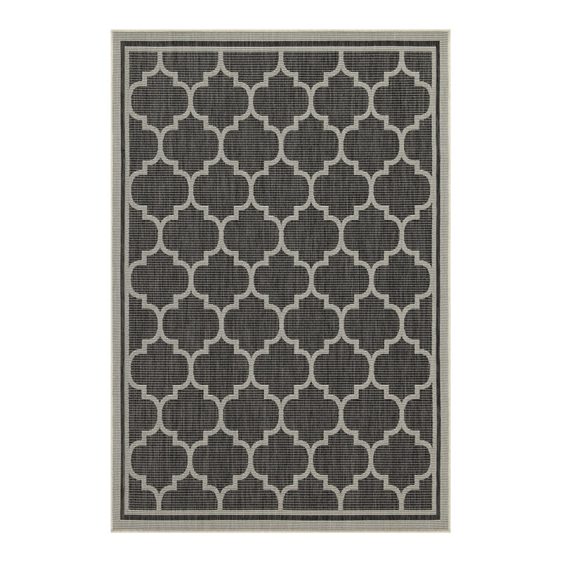 Tapis intérieur / extérieur Sunshine, motif en treillis anthracite 2 pi 7 po x 7 pi 3 po - polypropylène tissé à plat, résistant aux taches et aux animaux de compagnie