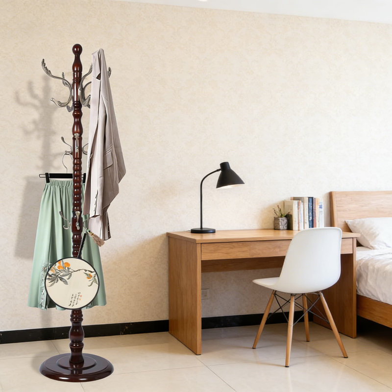 Freestanding Wooden Coat Rack With 14 Hooks And Adjustable Height, Sturdy Hall Tree With Solid Round Base For Entryway, Hallway, And Bedroom