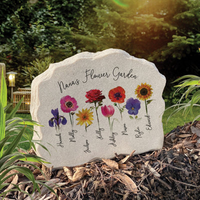 Personalized Flower Garden Stone (2 Flowers), Custom Garden Decor for Mom or Grandma, Resin Outdoor Memorial Gift