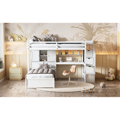 Lit mezzanine simple au-dessus blanc avec bureau, tablette de rangement et escalier avec escalier, bureau et option