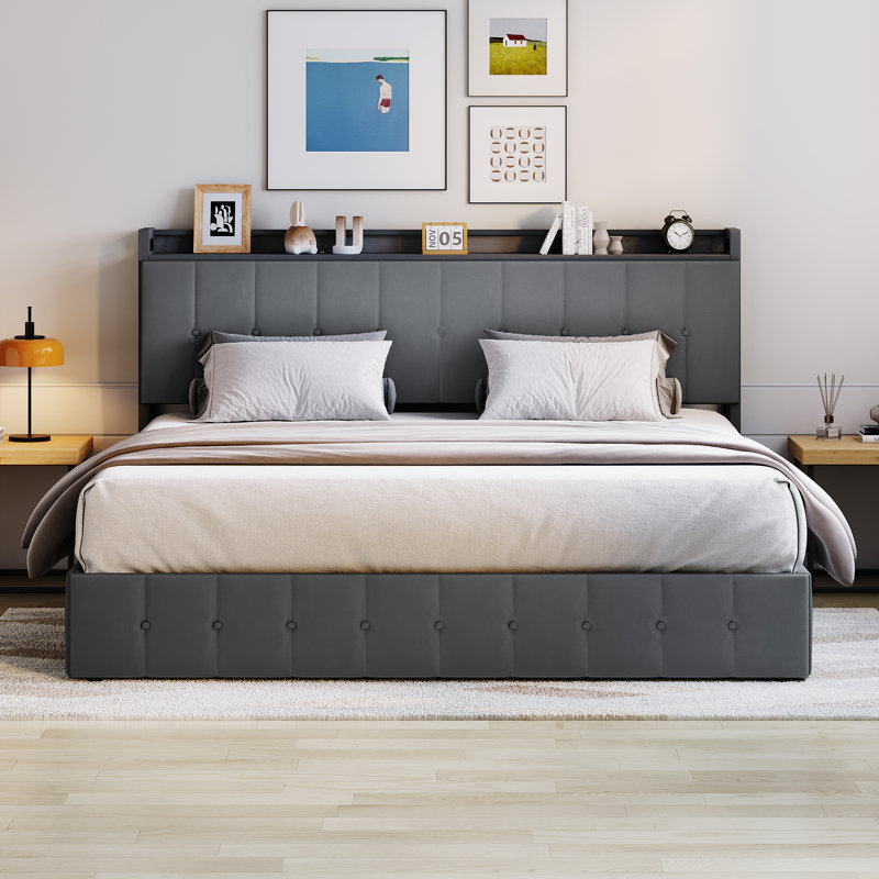 Très grande base de lit rembourrée hydraulique en velours avec tête de lit et rangement, aucun sommier nécessaire, gris, Gris