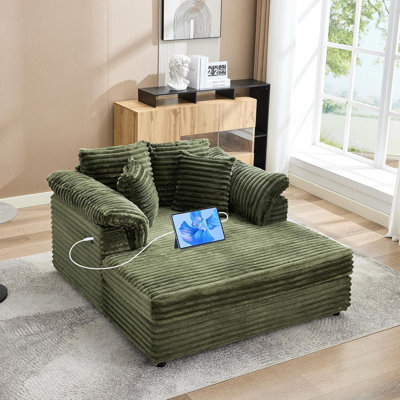Oversized Corduroy Chaise Lounge with Cup Holders & USB Port, 60" Sleeper Sofa Bed for Living Room Bedroom by Latitude Run