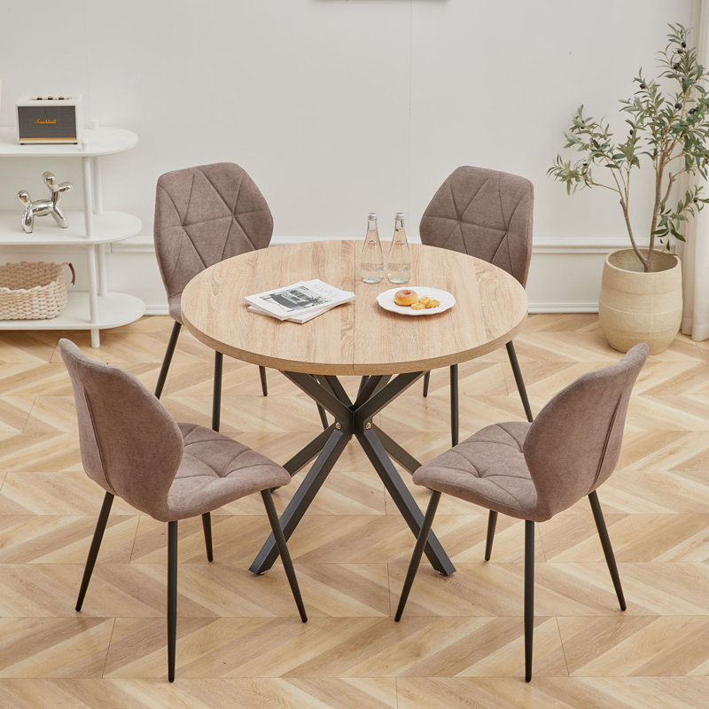 Modern Simple Round Solid Wood Dining Table Set - Set Of 4 Diamond Pattern Velvet Dining Chairs - Metal Legs - For Living Room/Bedroom