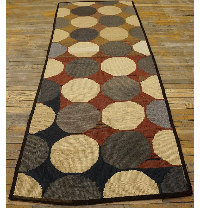 1960s Multi Circles Modern Vintage American Hooked Rug 4'1''x8'9'' Woven Carpet