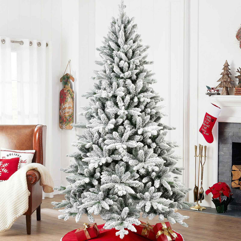 Arbre de Noël enneigé 7 pi avec 1514 pointes, arbre à charnières enneigé réaliste PE + PVC avec support en métal, arbre de Noël artificiel complet pour la décoration des Fêtes