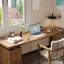 Bureau rectangulaire à 3 tiroirs en bois massif brun noisette-2126280642