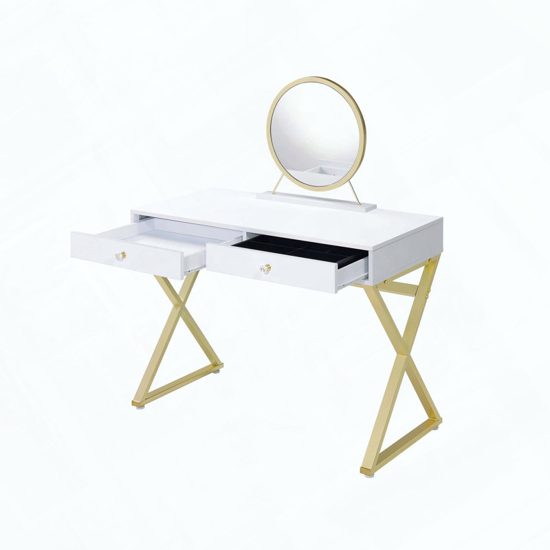 Coleen White & Gold Finish Vanity Desk with Mirror and Jewelry Tray