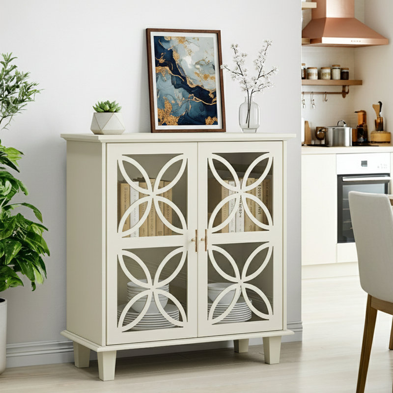 Buffet rétro l 31,5 po avec portes en verre trempé à cadre pétale, crème