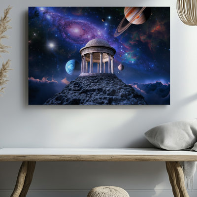 Toile, une majestueuse scène céleste se déploie mettant en vedette une grande structure ornée d'art mural inspiré de l'architecture classique avec toile