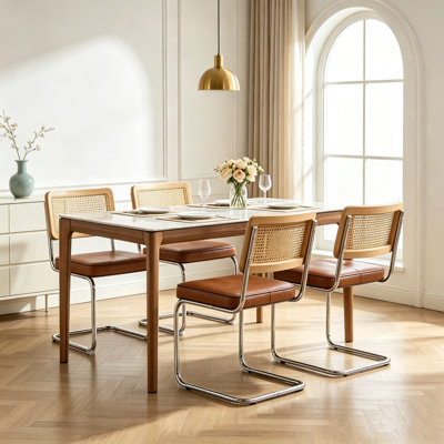 Set of 4 Mid‑Century Modern Cane Rattan Dining Side Chairs, Cantilever Chrome Metal Frame, Solid Wood Rattan Back, Faux Leather Padded Seat, Armless Accent Chairs for Kitchen, Dining Room, Cafe, Brown