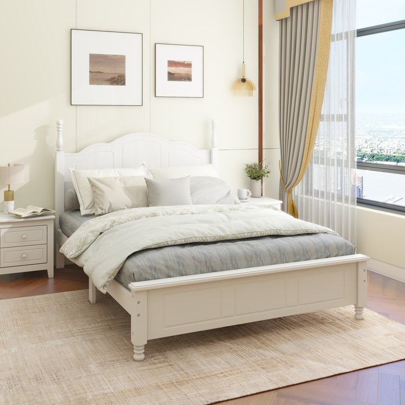 Wood Platform Bed Frame,Retro Style Platform Bed with Wooden Slat Support,, Full, White