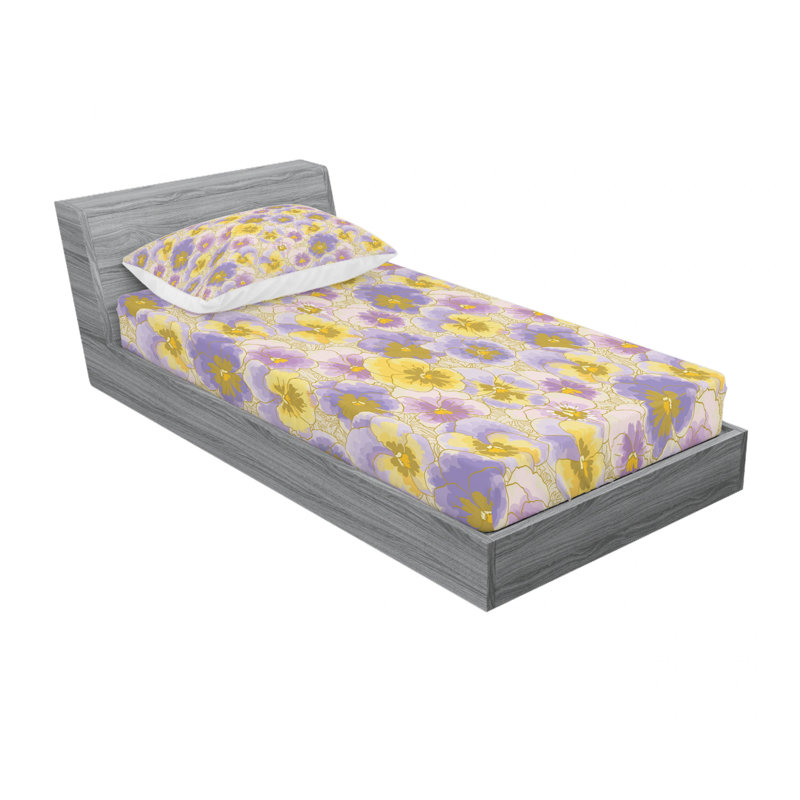 Microfiber Floral Sheet Set, Twin XL Sheet Set with Fitted Sheet, Hand Drawn Pansy Flowers