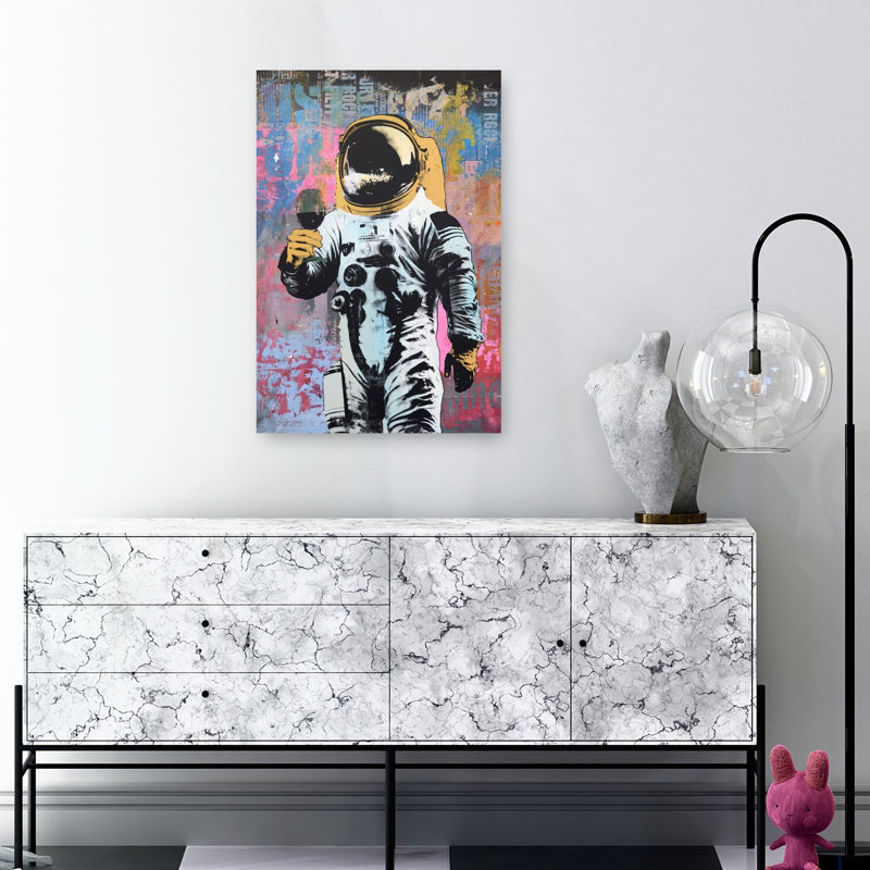 Spaceman With Wine Contemporary Wall Art Print 1 Piece Wrapped Canvas Wall Art, 91.44cm H x 60.96cm W