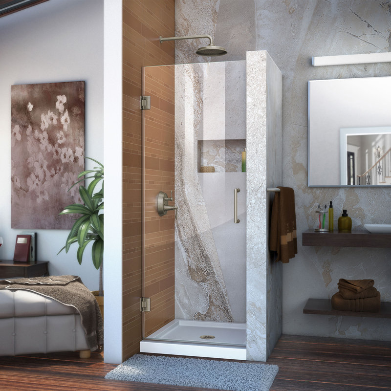Unidoor 72" H Hinged Frameless Shower Door with ClearMax™ Technology, Brushed Nickel, Clear