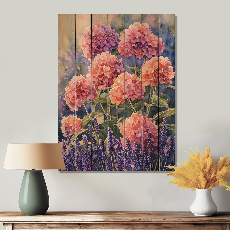 Hortensias dans un champ de lavande III - décoration murale en bois d'hortensias - sur bois de pin naturel